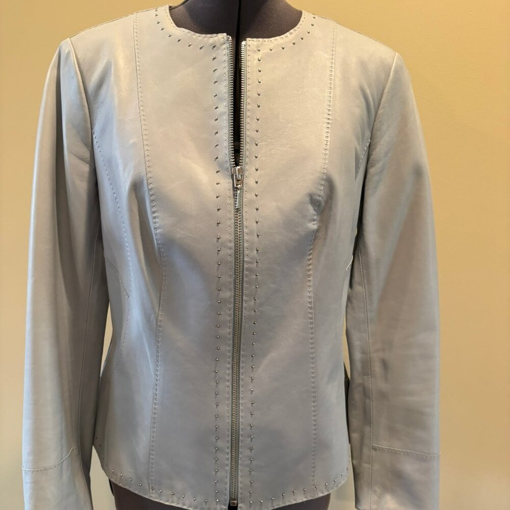 Size 2 Per Se by Carlisle dusty blue leather jacket